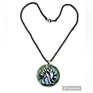 Ring Tailed Lemur LG handpainted pendant on chain OOAK primates monkeys apes